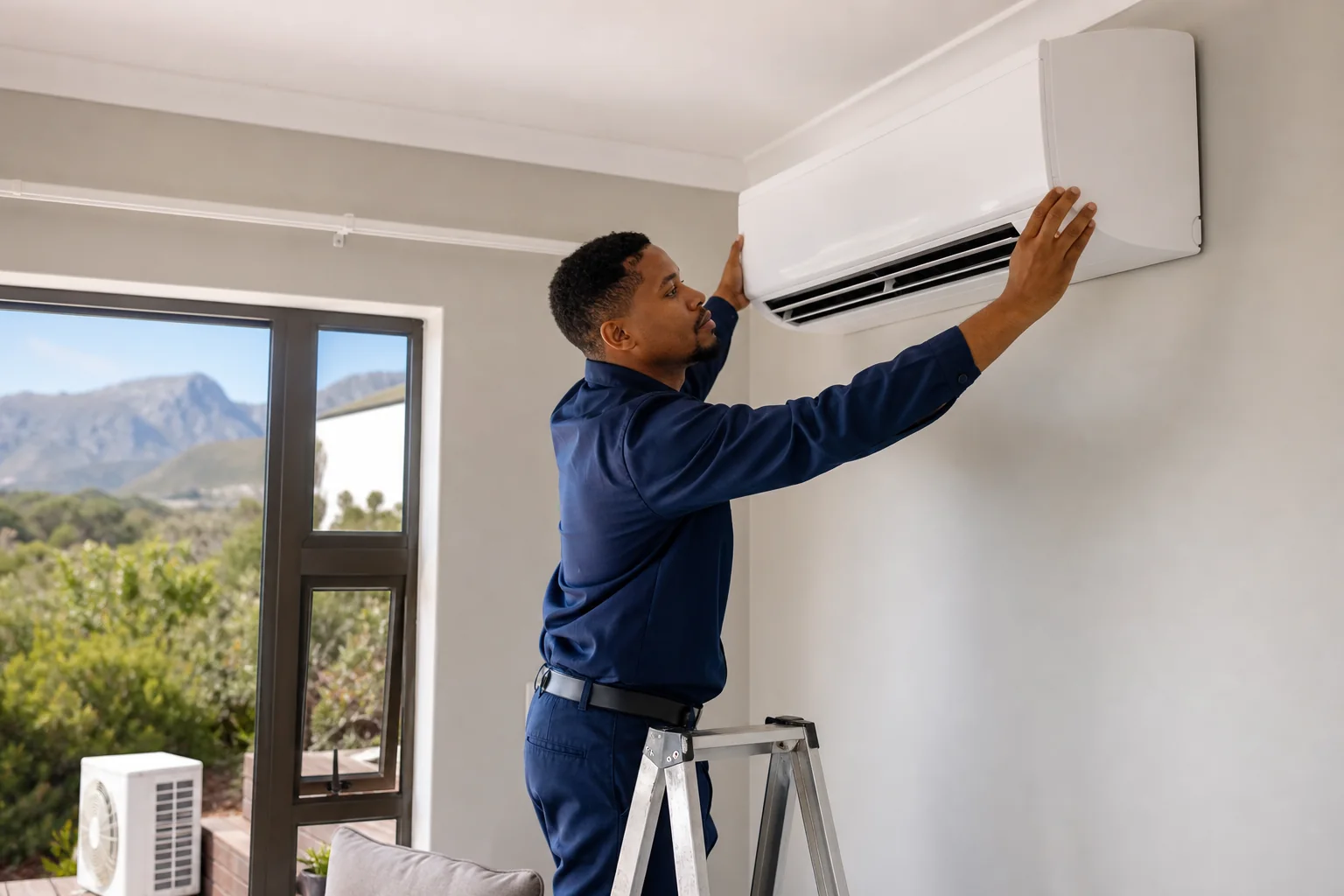 Technician completing a wall-mounted aircon installation