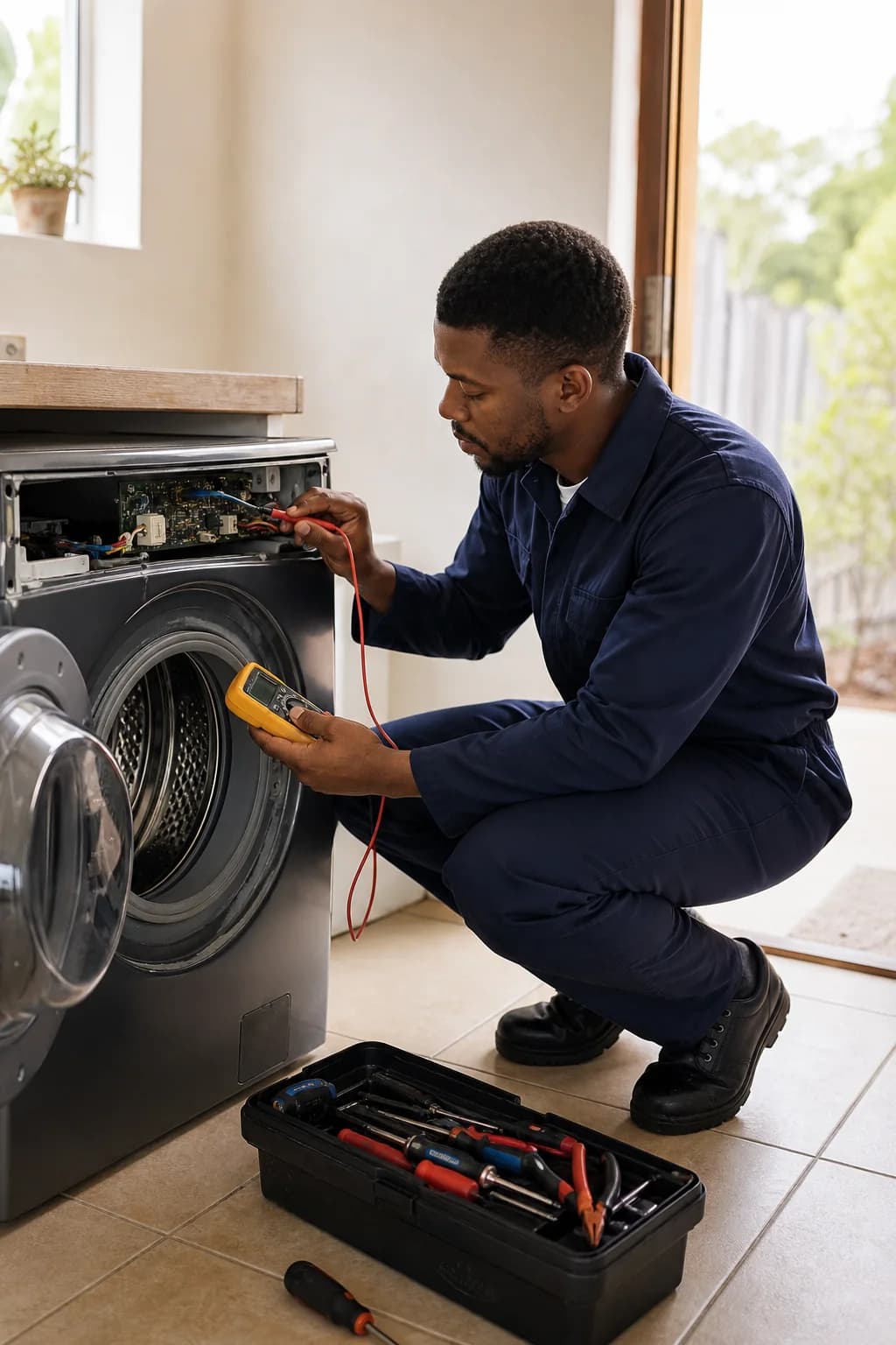 Technician testing a washing machine