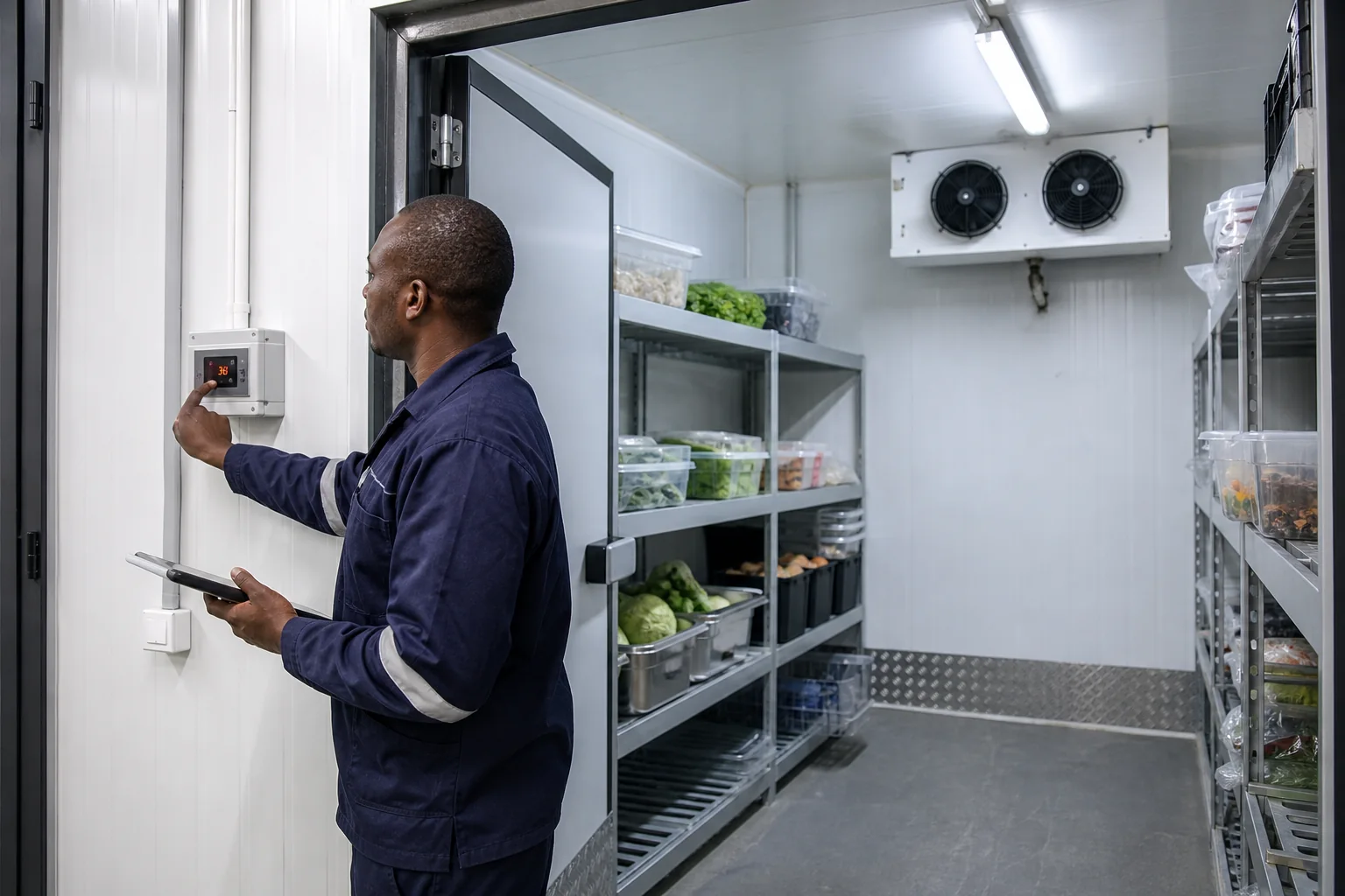Technician inspecting a cold room