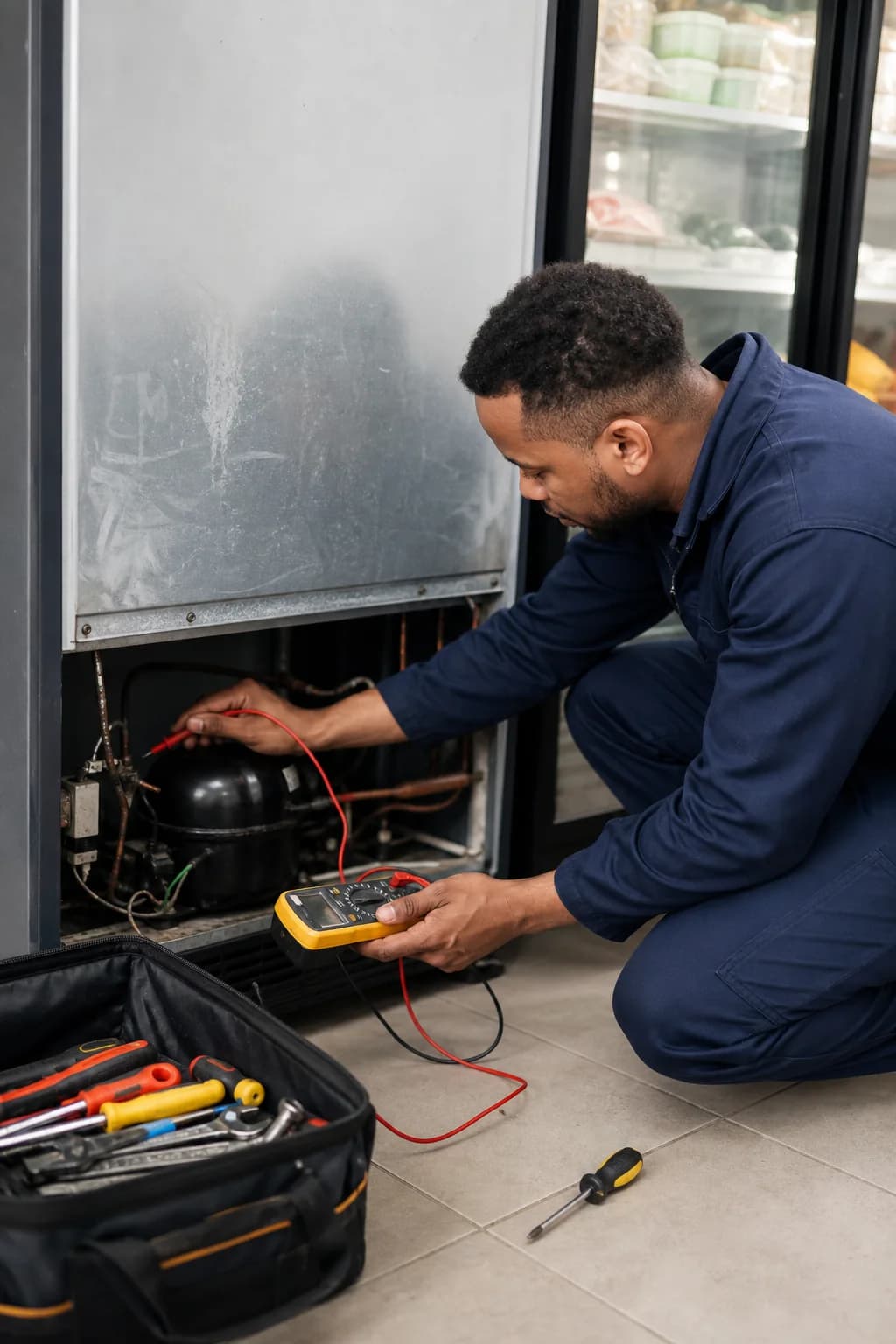 Technician diagnosing refrigeration equipment